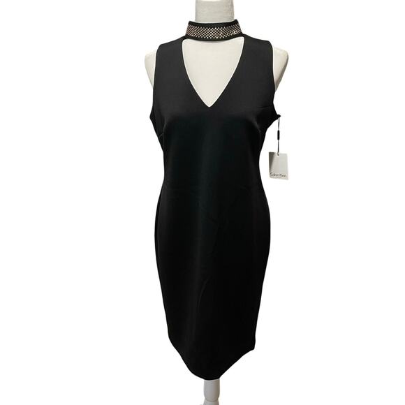 Calvin Klein Black Sheath Dress NWT Studded Choker V-Neck Scuba Knit Sz 8 Party - Picture 1 of 10